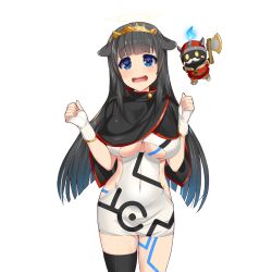 1girl black_cape black_hair black_thighhighs blue_eyes breasts cape commentary_request cow_girl cow_horns dress fingerless_gloves gloves gold_tiara horns kusaka_souji large_breasts long_hair miru_holstein pomme_(uchihime) single_thighhigh thighhighs uchi_no_hime-sama_ga_ichiban_kawaii underboob white_dress white_gloves