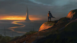 Rule 34 | 1boy, cambocreation, cloak, cloud, cloudy sky, cowboy hat, dawn, from behind, hat, looking ahead, mountain, original, painterly, river, scenery, sky, standing, sunlight