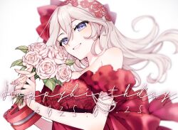1girl absurdres alisa_ilinichina_amiella bare_shoulders blue_eyes bracer breasts collarbone commentary dated dress flower god_eater grey_hair grin hair_between_eyes hairband happy_birthday highres holding holding_flower io_(1033k) large_breasts light_blush long_hair looking_at_viewer official_alternate_costume red_dress red_hairband rose sidelocks simple_background smile solo strapless strapless_dress teeth upper_body white_background white_flower white_rose