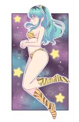 1girl absurdres animal_print artist_name bikini blush_stickers boots border breasts commentary cone_horns from_side full_body geraldjess1 green_hair highres horns knee_boots long_hair looking_to_the_side lum outline outside_border own_hands_together pointy_ears print_bikini print_boots profile sidelocks sky solo star_(sky) star_(symbol) starry_sky swimsuit tiger_print urusei_yatsura white_border white_outline