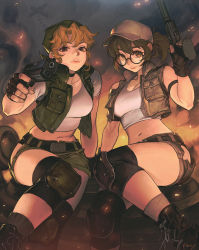 2girls aircraft airplane arm_belt arm_support asymmetrical_bangs bandana baseball_cap beige_legwear belt black-framed_eyewear black_belt black_choker black_footwear black_gloves blonde_hair boots breasts brown_eyes brown_hair brown_shorts brown_vest choker cleavage closed_mouth collarbone commentary crop_top cropped_vest english_commentary feet_out_of_frame finger_on_trigger fingerless_gloves fio_germi fire glasses gloves green_headwear green_shorts green_vest grey_legwear gun hair_between_eyes hand_up hat highres holding holding_gun holding_weapon kasamoto_eri knee_brace lace-up_boots large_breasts light_frown looking_at_viewer medium_hair metal_slug midriff morry multiple_girls navel parted_bangs ponytail raised_eyebrow round_eyewear shirt short_hair short_shorts shorts sidelocks sitting smile smoke socks trigger_discipline vest war wavy_hair weapon white_headwear white_shirt