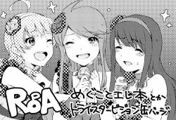 3girls ad ahoge bare_shoulders blunt_bangs blush_stickers choker collarbone commentary_request dress flower frilled_straps frilled_wrist_cuffs frills greyscale hair_flower hair_ornament hairband holding holding_microphone idol idolmaster idolmaster_million_live! long_hair microphone monochrome multiple_girls one_eye_closed open_mouth outstretched_arm rose shimabara_elena sidelocks single_strap sleeveless sleeveless_dress smile sparkle straight_hair tanaka_kotoha tearing_up teeth tokoro_megumi upper_body upper_teeth_only witoi_(roa) wrist_cuffs