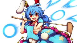 &gt;:d 1girl :d animal_ears baba_(baba_seimaijo) blue_hair blue_shirt blue_skirt commentary_request crescent_print danmaku earclip female_focus frilled_skirt frills hair_between_eyes highres kine looking_at_viewer mallet open_mouth over_shoulder pointing pointing_at_viewer puffy_short_sleeves puffy_sleeves rabbit_ears rabbit_tail red_eyes seiran_(touhou) shirt short_sleeves skirt smile solo sparkle star_(symbol) star_print tail touhou transparent_background upper_body v-shaped_eyebrows