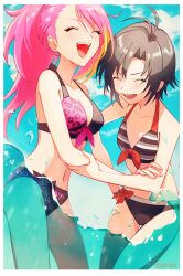 2girls ahoge antenna_hair artist_name bare_shoulders bikini black_bow black_hair blonde_hair blue_sky blush bow breasts closed_eyes cloud collarbone day front-tie_bikini_top front-tie_top hand_up holding_another&#039;s_arm idolmaster idolmaster_(classic) idolmaster_million_live! idolmaster_million_live!_theater_days kikuchi_makoto large_breasts long_hair maihama_ayumu multicolored_bikini multicolored_hair multiple_girls open_mouth outdoors partially_submerged pink_hair ponytail red_bow short_hair sky small_breasts smile splashing streaked_hair striped_bikini striped_clothes swimsuit teeth two-tone_bikini upper_teeth_only water yumo