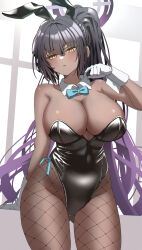 1girl absurdres animal_ears bare_shoulders black_hair black_leotard blue_archive blue_bow blue_bowtie blue_eyes blush bow bowtie breasts cleavage closed_mouth commentary covered_navel curvy dark-skinned_female dark_skin detached_collar fake_animal_ears fishnet_pantyhose fishnets gloves hair_between_eyes halo hand_up highleg highleg_leotard highres huge_breasts karin_(blue_archive) karin_(bunny)_(blue_archive) large_breasts leotard lhofi long_hair looking_at_viewer official_alternate_costume pantyhose playboy_bunny ponytail purple_hair purple_halo rabbit_ears revision solo strapless strapless_leotard thighs very_long_hair white_gloves white_wrist_cuffs wrist_cuffs yellow_eyes