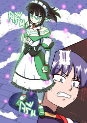 Rule 34 | 1boy, 1girl, absurdres, atawatsho, black hair, blue eyes, blunt bangs, comic, commentary, english commentary, english text, genshin impact, glowing tattoo, gundam, gundam unicorn, highres, katheryne (genshin impact), looking at viewer, medium hair, nt-d, purple eyes, purple hair, scaramouche (genshin impact), short sleeves, sidelocks, speech bubble, wind