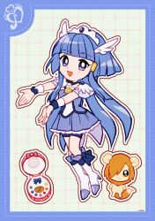 1girl aoki_reika blue_border blue_bow blue_bowtie blue_choker blue_eyes blue_hair blue_shirt blue_shorts blue_skirt blue_wrist_cuffs blunt_bangs boots border bow bowtie brooch caoth choker compact_(cosmetics) cosmetics cure_beauty deformed dot_nose dotted_line eyelashes feather-trimmed_sleeves footwear_bow frilled_skirt frilled_sleeves frills full_body grey_background grid_background hair_ornament hair_tubes happy high_heel_boots high_heels highres jewelry knee_boots long_hair long_sidelocks magical_girl miniskirt open_mouth outstretched_arms pleated_skirt pop_(smile_precure!) precure shirt short_sleeves shorts shorts_under_skirt sidelocks signature skirt smile smile_precure! standing tareme tiara uwded_207 very_long_hair white_arm_warmers white_boots white_sleeves wing_hair_ornament wrist_cuffs