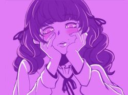 1girl blush commentary face_piercing fear_&amp;_hunger_(series) fear_&amp;_hunger_2:_termina frilled_shirt_collar frills hair_ribbon hands_on_own_cheeks hands_on_own_face hodan_(ccvh4333) long_hair long_sleeves looking_at_viewer marina_(fear_&amp;_hunger) mouth_piercing neck_ribbon parted_lips piercing pink_background pink_eyes pink_thighhighs ribbon simple_background solo teeth thighhighs upper_teeth_only yandere_trance