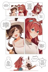 Rule 34 | 2girls, absurdres, ahoge, animal ears, bare shoulders, belt, bench, blue eyes, blue shorts, blush, breasts, brown hair, closed eyes, closed mouth, couple, denim, denim shorts, dress, ear ornament, embarrassed, english text, food, grey hairband, hair between eyes, hair ornament, hair over one eye, hairband, hand fan, handheld electric fan, hat, highres, holding, holding fan, holding food, holding hands, holding ice cream, horse ears, horse girl, horse tail, ice cream, ice cream cone, long hair, mihono bourbon (umamusume), multiple girls, open mouth, rice shower (umamusume), shirt, short sleeves, shorts, silver hairband, simple background, sitting, sleeveless, sleeveless dress, smile, speech bubble, sun hat, tail, umamusume, white background, white dress, white shirt, ylceon, yuri