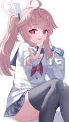 1girl absurdres ahoge blue_archive blue_sailor_collar cardigan commentary_request fukujin halo highres holding holding_milk_carton knees_up long_hair looking_at_viewer milk_carton miniskirt natsu_(blue_archive) neckerchief pink_hair pink_halo red_eyes red_neckerchief sailor_collar school_uniform side_ponytail sitting skirt sleeves_past_wrists solo thighhighs watermark white_background white_cardigan zettai_ryouiki
