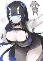 2girls alternate_costume atoll_aircraft_carrier_anchorage_princess belt black_gloves black_hair blue_eyes blue_hair breasts chibi cleavage crop_top curvy gloves gradient_hair hair_between_eyes hair_over_one_eye hands_on_own_hips hat horns kantai_collection long_hair microskirt miniskirt multicolored_hair multiple_girls ra-class_destroyer selfie shin_(new) short_sleeves simple_background skirt solo_focus twintails v very_long_hair