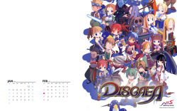 Rule 34 | 10s, 2016, 6+boys, 6+girls, :d, :o, antenna hair, archer (disgaea), backpack, bag, bandages, bandana, bandeau, bare shoulders, bat wings, belt, belt bra, bird, black hair, black legwear, blonde hair, blue hair, blunt bangs, bow, bow (weapon), bracelet, braid, breasts, brown hair, calendar, chain, closed eyes, collar, colored skin, copyright name, dated, demon girl, demon tail, detached sleeves, disgaea, drill hair, earrings, etna (disgaea), everyone, february, female angel (disgaea), female brawler (disgaea), female warrior (disgaea), flat chest, flonne, forehead protector, fur trim, gloves, goggles, goggles on head, green hair, grey skin, gun, hair bow, hair over shoulder, hairband, hakama, hakama skirt, half-closed eyes, halo, hand on hilt, handgun, harada takehito, headband, healer (disgaea), high ponytail, hip vent, holding, holding weapon, huge weapon, january, japanese clothes, jewelry, laharl, logo, lolita hairband, long hair, looking at viewer, mage (disgaea), magic knight (disgaea), majin (disgaea), makai senki disgaea, male brawler (disgaea), male healer (disgaea), male warrior (disgaea), mid-boss (disgaea), midriff, miniskirt, multiple boys, multiple girls, navel, ninja (disgaea), official art, official wallpaper, open mouth, orange hair, outstretched arms, over shoulder, pantyhose, pencil skirt, penguin, planted, planted sword, planted weapon, pointy ears, polearm, ponytail, pouch, prinny, quiver, red hair, ribbon trim, ronin (disgaea), sarashi, sash, scarf, scout (disgaea), scythe, shadow, short hair, short twintails, shorts, sidelocks, silver hair, simple background, single braid, skirt, skull, skull (disgaea), skull earrings, slit pupils, smile, spear, spiked hair, staff, standing, stitches, stuffed animal, stuffed toy, sword, tail, thief (disgaea), thighhighs, topless male, twintails, unitard, very long hair, weapon, weapon over shoulder, white background, wings, zettai ryouiki