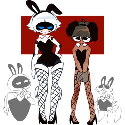 1boy 1girl animal_ears annoyed blue_eyes blush blush_stickers bow brown_hair closed_mouth covering_privates dark-skinned_male dark_skin despair_sauce detached_collar dirt embarrassed eve_(wall-e) fake_animal_ears fishnet_thighhighs fishnets full_body hand_on_own_hip height_difference humanization leotard mechanical_arms mechanical_legs medium_hair personification playboy_bunny rabbit_ears red_square robot robot_girl thighhighs wall-e wall-e_(character) white_bow white_hair wide_hips wrap-around_shades