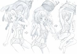 1girl air_bubble arrow_(symbol) bare_legs barefoot blush breasts bubble cleavage feet helpless imminent_vore monochrome monster no_bra no_shirt original overalls predator_and_prey scared sequential short_hair sketch slime_(substance) toes vore wince yoiboshi_hikari