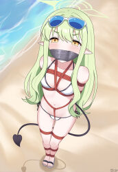 1girl absurdres alternate_costume bdsm beach bikini blue-tinted_eyewear blue_archive bondage bound breasts chinese_commentary commentary_request demon_girl demon_tail eyewear_on_head from_above full_body gag gagged green_hair green_halo halo highres hikari_(blue_archive) improvised_gag loli long_hair looking_at_viewer neko_huan ocean outdoors paid_reward_available pointy_ears shibari small_breasts solo standing sunglasses swimsuit tail tape tape_gag tinted_eyewear toes v-shaped_eyebrows variant_set white-framed_eyewear white_bikini yellow_eyes