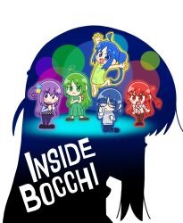 5girls ahoge anger_(inside_out) anger_(inside_out)_(cosplay) blue_eyes blue_hair bocchi_the_rock! chibi closed_eyes closed_mouth cosplay cube_hair_ornament disgust_(inside_out) disgust_(inside_out)_(cosplay) fear_(inside_out) fear_(inside_out)_(cosplay) glasses gotoh_hitori gotoh_hitori_(octopus) green_eyes green_hair hair_ornament highres ijichi_nijika ijichi_seika inside_out joy_(inside_out) joy_(inside_out)_(cosplay) kita_ikuyo kneeling long_hair looking_at_viewer mada_shichiji multiple_girls necktie open_mouth purple_eyes purple_hair red_eyes red_hair round_eyewear sadness_(inside_out) sadness_(inside_out)_(cosplay) side_ponytail simple_background standing white_background yamada_ryo