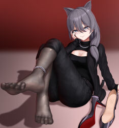 1girl absurdres animal_ears anklet blue_eyes blush cleavage_cutout clothing_cutout cursedc feet grey_hair hand_on_own_cheek hand_on_own_face highres jewelry long_hair looking_at_viewer original see-through_clothes see-through_legwear shoes smile soles toes unworn_shoes