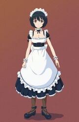 1girl alternate_costume apron black_hair brave_witches breasts brown_thighhighs cleavage contrast_collar full_body keicha_(kmoekaki) looking_at_viewer maid maid_apron maid_headdress medium_breasts pantyhose red_eyes shimohara_sadako shoes short_hair simple_background solo thighhighs world_witches_series