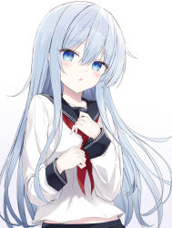 Rule 34 | 1girl, anchor symbol, blue eyes, blue hair, blue sailor collar, blue skirt, blush, collarbone, commentary, double-parted bangs, hair between eyes, hibiki (kancolle), highres, kantai collection, long hair, long sidelocks, long sleeves, looking at viewer, midriff peek, neckerchief, open mouth, pleated skirt, red neckerchief, sailor collar, school uniform, serafuku, shikuro (iorimiyakiyo), shirt, sidelocks, simple background, skirt, solo, upper body, very long hair, white background, white shirt
