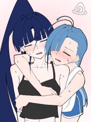 2girls ado_(utaite) ahoge black_camisole blue_hair blue_shorts blush camisole closed_eyes collarbone commentary_request hair_over_one_eye highres hug hug_from_behind long_hair merry_(ado) multiple_girls naima_(ado) navel nori_(norinori_yrl) open_mouth ponytail readymade_(ado) shorts sweat tank_top usseewa white_background white_tank_top yuri