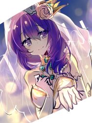 1girl 25ocoveryui absurdres ao_no_kiseki bare_shoulders bridal_veil collar double-parted_bangs dress eiyuu_densetsu elbow_gloves flower gloves hair_between_eyes hair_flower hair_ornament highres jewelry long_hair looking_at_viewer metal_collar purple_eyes purple_hair rixia_mao sleeveless smile solo veil wedding_dress white_gloves zero_no_kiseki
