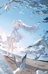 1girl absurdres bare_legs barefoot beach bird blue_sky bottle bow bowtie cloud cloudy_sky commentary day dress floating_hair from_behind from_below full_body gradient_sky highres holding holding_bottle long_hair looking_ahead message_in_a_bottle mountainous_horizon multicolored_sky ocean orange_sky original outdoors reflection reflective_water ribbon sailor_collar sand seagull sky sleeveless sleeveless_dress solo standing symbol-only_commentary tngn96 white_bow white_bowtie white_dress white_hair white_ribbon white_sailor_collar wind