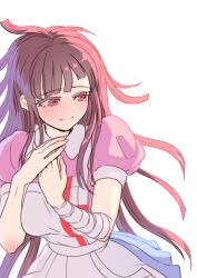 1girl absurdres apron bandaged_arm bandages blue_skirt blush breasts brown_hair closed_mouth collared_shirt danganronpa_(series) danganronpa_2:_goodbye_despair grey_apron hands_up highres large_breasts long_hair looking_to_the_side mole mole_under_eye own_hands_together pink_shirt pleated_skirt puffy_short_sleeves puffy_sleeves shirt short_sleeves simple_background skirt solo tsumiki_mikan white_background youko-shima