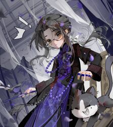 ! 1boy ^^^ absurdres animalization black_coat black_eyes black_hair bow cat changpao chinese_clothes chinese_commentary closed_mouth coat commentary_request curtained_hair folding_screen glasses hair_bow highres huai_yunqing long_hair long_sleeves male_focus nglui open_clothes open_coat parted_bangs semi-rimless_eyewear touqi_guaitan white_bow ziche_fuzhao