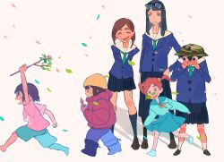 Rule 34 | 3girls, absurdres, asakusa midori, asymmetrical bangs, black hair, boonie hat, brown hair, camouflage hat, commentary, eizouken ni wa te wo dasu na!, embarrassed, eyewear on head, freckles, glasses, highres, kanamori sayaka, long hair, matumot, mizusaki tsubame, multiple girls, necktie, school uniform, shibahama high school uniform, short hair, skirt