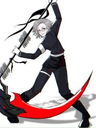 1boy aotsuki_eito armband black_boots black_pants black_shirt boots full_body glasses highres holding holding_scythe holding_weapon last_defense_academy_school_uniform long_sleeves looking_at_viewer male_focus open_mouth pants parted_hair scythe shirt smile solo solo_focus standing the_hundred_line_-last_defense_academy- weapon white_background white_hair