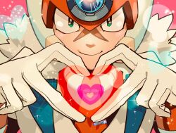 Rule 34 | 1boy, armor, axl (mega man), cairngorm999, close-up, cross scar, forehead jewel, green eyes, heart, heart hands, highres, male focus, mega man (series), mega man x (series), mega man x dive, official alternate costume, pink background, scar, scar on face, simple background, solo, white armor, white axl (mega man)