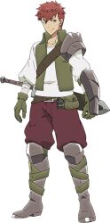 Rule 34 | 1boy, anime coloring, armor, belt, belt pouch, boots, collared vest, full body, gauntlets, gloves, green gloves, green vest, grey boots, holding, holding sword, holding weapon, long sleeves, looking at viewer, male focus, nozomanu fushi no boukensha, official art, pants, pouch, raiz (nozomanu fushi no boukensha), red eyes, red hair, red pants, sano takao, scabbard, sheath, sheathed, shirt, short hair, shoulder armor, simple background, smile, solo, standing, sword, transparent background, very short hair, vest, weapon, white shirt
