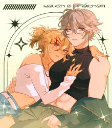 2girls abs alhaitham_(genshin_impact) antenna_hair bare_shoulders black-framed_eyewear black_shirt blonde_hair blue_skirt character_name closed_mouth commentary crop_top dadadabibadum drawstring earrings english_commentary expressionless eyelashes facial_mark fingernails gem genderswap genderswap_(mtf) genshin_impact glasses gold_earrings green_background green_eyes green_gemstone green_jacket green_shorts grey_hair hair_between_eyes hair_ornament hairclip hand_on_another&#039;s_chest hand_on_another&#039;s_shoulder heart heart_facial_mark highres hug jacket jewelry kaveh_(genshin_impact) long_fingernails long_sleeves looking_at_viewer midriff multiple_girls nail_polish navel necklace off-shoulder_shirt off_shoulder open_clothes open_jacket parted_lips ponytail red_eyes red_nails ribbed_shirt shirt short_hair shorts sidelocks skirt sleeveless sleeveless_shirt sleeves_past_wrists sparkle star_(symbol) star_facial_mark stomach turtleneck white_shirt x_hair_ornament