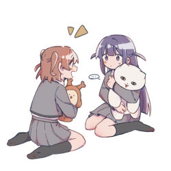 Rule 34 | ..., 2girls, aijou karen, black socks, blunt bangs, blunt ends, blush, brown hair, chinese commentary, closed mouth, collared shirt, commentary request, full body, grey jacket, grey skirt, hand up, holding, holding stuffed toy, hugging doll, hugging object, jacket, kneehighs, long hair, long sleeves, looking at another, miniskirt, multiple girls, no shoes, open mouth, pleated skirt, profile, purple eyes, purple hair, rei931218, school uniform, seishou music academy uniform, shirt, short hair, shoujo kageki revue starlight, simple background, sitting, skirt, smile, socks, soles, speech bubble, spoken ellipsis, stuffed animal, stuffed cat, stuffed toy, sweatdrop, tsuyuzaki mahiru, two side up, very long hair, wariza, white background, white shirt