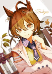 1girl agnes_tachyon_(umamusume) arm_under_breasts binder black_necktie breasts brown_hair character_name chemical_structure closed_mouth coat earrings hair_between_eyes jewelry lab_coat looking_at_viewer medium_breasts medium_hair monochrome necktie open_clothes open_coat plant potted_plant red_eyes shikahisa_totani short_necktie single_earring smile solo sweater table umamusume white_coat yellow_sweater
