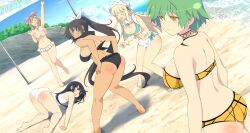 5girls :d ^_^ arm_up ass bare_shoulders barefoot beach bikini bikini_tan black_bikini black_hair black_one-piece_swimsuit blonde_hair breasts cleavage clenched_hand closed_eyes copyright_name day dutch_angle eyepatch flat_chest game_cg green_eyes green_hair hair_ribbon haruka_(senran_kagura) highres hikage_(senran_kagura) homura_(senran_kagura) kneeling large_breasts long_hair mirai_(senran_kagura) multiple_girls navel non-web_source official_art one-piece_swimsuit open_mouth outdoors polka_dot polka_dot_bikini ponytail red_eyes ribbon rock sand senran_kagura senran_kagura_estival_versus slit_pupils smile swimsuit tan tanline tattoo teeth toes top-down_bottom-up trefoil water watermark wrist_cuffs yaegashi_nan yomi_(senran_kagura)