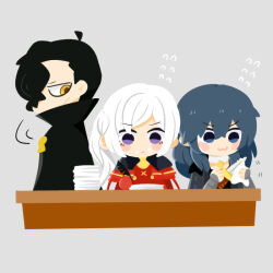 Rule 34 | 1boy, 2girls, bad link, black hair, book, edelgard von hresvelg, female byleth (fire emblem), fire emblem, fire emblem: three houses, green hair, hubert von vestra, long hair, mifune miyu (weibo 5907079617), multiple girls, nintendo, purple eyes, white hair, writing