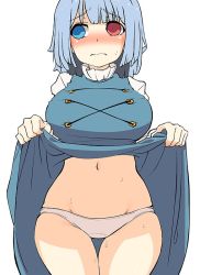 Rule 34 | 1girl, blue dress, blue eyes, blue hair, blue vest, blush, breasts, clothes lift, dress, dress lift, female focus, frilled shirt collar, frills, heterochromia, juliet sleeves, large breasts, long sleeves, matching hair/eyes, navel, panties, puffy sleeves, red eyes, shirt, short hair, skindentation, skirt, skirt lift, solo, sweat, tatara kogasa, thick thighs, thigh gap, thighs, torso (hjk098), touhou, underwear, vest, white panties, white shirt, wide hips