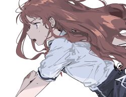 1girl absurdres aikatsu! aikatsu!_(series) bad_id bad_twitter_id brown_hair floating_hair from_side highres long_hair looking_ahead open_mouth profile purple_eyes running school_uniform shibuki_ran shirt short_sleeves simple_background solo starlight_academy_school_uniform suiso_(owp) summer_uniform sweat white_background white_shirt wind