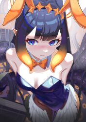 1girl absurdres animal_ears arms_behind_back black_hair blue_eyes blue_leotard breasts brown_pantyhose closed_mouth covered_erect_nipples diamond_hairband fake_animal_ears feathered_wings gradient_hair highres hololive hololive_english leotard low_wings multicolored_hair ninomae_ina&#039;nis orange_hair pantyhose playboy_bunny pointy_ears rabbit_ears small_breasts solo strapless strapless_leotard tentacle_hair tentacles virtual_youtuber wings yorn_(yor_n)