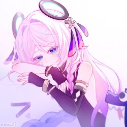 1girl :t armlet blue_eyes blush bracelet braid citlali_(genshin_impact) commentary_request facial_tattoo fingerless_gloves genshin_impact gloves gold_armlet gold_bracelet hair_ornament halo highres jewelry lofter_username long_hair looking_at_viewer mibai_yume multicolored_eyes multicolored_hair on_pillow pillow pink_hair pink_pupils simple_background solo tattoo twin_braids very_long_hair