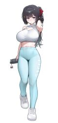 1girl bare_arms bare_shoulders black_hair blue_eyes blue_pants bottle bow breasts cleavage_cutout clothing_cutout commentary_request crop_top full_body hair_bow hair_ornament hand_up heart heart_hair_ornament heok_bam high-waist_pants highres holding holding_bottle korean_commentary large_breasts long_hair looking_at_viewer midriff pants parted_lips ponytail shirayuki_hina shirt shoes simple_background sleeveless sleeveless_shirt sneakers solo standing stellive sweat track_pants virtual_youtuber white_background white_shirt