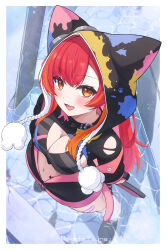 1girl absurdres animal_ear_hood anku bandaid bandaid_on_leg belt_collar black_collar blush border bra breasts character_name cleavage collar fake_animal_ears fang from_above highres hood hood_up hoodie looking_at_viewer multicolored_hair navel nekota_tsuna nekota_tsuna_(1st_costume) open_clothes open_hoodie open_mouth orange_eyes orange_hair outside_border paint_splatter red_hair shoes solo sports_bra standing striped_bra striped_clothes two-tone_hair underwear virtual_youtuber vspo! wading white_border