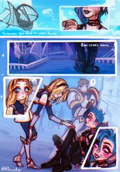 2girls alternate_costume arcane:_league_of_legends arcane_jinx armor blonde_hair blue_eyes blush breasts brother_and_sister elbow_gloves garen_(league_of_legends) gloves hairband highres jinx_(league_of_legends) league_of_legends long_hair lux_(league_of_legends) medium_breasts multiple_girls open_mouth poposhirat siblings skirt smile spoilers yuri