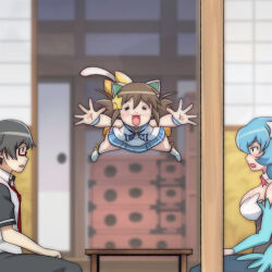 1boy 2girls :3 amato_takeru animal_ears bell bird_girl black_eyes black_hair black_jacket black_leotard black_pants blue_hair blue_neckerchief blue_pantyhose blue_skirt blush bow bowtie bridal_gauntlets brown_hair cat_ears cat_girl cat_tail closed_eyes collar detached_collar etotama glasses hair_ornament head_wings highres jacket jingle_bell jumping leotard long_hair multiple_girls neck_bell neckerchief necktie nyaa-tan open_mouth pants pantyhose paw_print piyo-tan print_neckerchief red_bow red_bowtie red_necktie school_uniform shirt short_hair short_sleeves sitting skirt sleeveless sleeveless_shirt sliding_doors smile socks star_(symbol) star_hair_ornament surprised t_jiroo_(ringofriend) table tail twintails white_shirt white_socks wings wristband