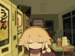 1girl :3 blonde_hair brown_sweater chibi chibi_only closed_eyes closed_mouth desk facing_viewer grey_sweater_vest hair_flaps index_finger_raised indoors kettle long_sleeves night plaid_clothes plaid_sweater_vest plaid_vest regurusu_(nagarevosi) short_hair sidelocks smile solo sweater sweater_vest television twitter_username upper_body urotsuki vending_machine vest window yume_2kki
