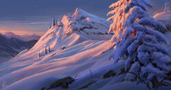 absurdres blue_sky commentary english_commentary evening highres landscape michal_kus mountainous_horizon no_humans outdoors pine_tree rock scenery signature sky snow the_elder_scrolls the_elder_scrolls_v:_skyrim tree winter
