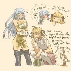 Rule 34 | 2girls, ahoge, anisphia wynn palettia, anjuro zeeku, aqua eyes, black pantyhose, black ribbon, blonde hair, blush, broom, commentary, english text, euphyllia magenta, female pubic hair, finger in own mouth, flying sweatdrops, hair ribbon, highres, long hair, looking at another, multiple girls, open mouth, pantyhose, partially undressed, pink skirt, pubic hair, purple eyes, pussy, ribbon, shirt, short hair, short sleeves, simple background, skirt, sweat, tensei oujo to tensai reijou no mahou kakumei, white hair, white pantyhose, white shirt, yellow background, yuri