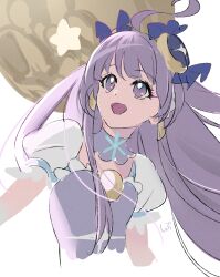1girl absurdres ahoge bare_arms blue_bow blunt_bangs bow brooch collar crescent crescent_hair_ornament cropped_torso cure_selene detached_collar dot_nose dress eyelashes frilled_dress frilled_sleeves frills full_moon hair_bow hair_ornament hair_tubes happy highres jewelry kaguya_madoka long_hair long_sidelocks moon open_mouth precure puffy_short_sleeves puffy_sleeves purple_collar purple_dress purple_eyes purple_hair shipu_(gassyumaron) short_sleeves sidelocks signature smile snowflakes solo star_(symbol) star_twinkle_precure tareme upturned_eyes very_long_hair white_background white_sleeves