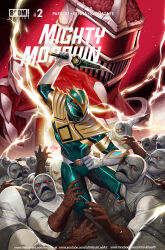 1girl armor bodysuit claws clenched_hand comic_cover commentary copyright_name cover dagger dino_buckler dragon_ranger english_commentary facebook_username fighting gloves helmet highres holding holding_dagger holding_knife holding_weapon in-hyuk_lee instagram_username knife lightning lord_zedd male_focus mighty_morphin_green_ranger mighty_morphin_power_rangers open_mouth power_rangers power_rangers_(boom!_studios) red_eyes signature solo_focus weapon white_gloves youtube_username